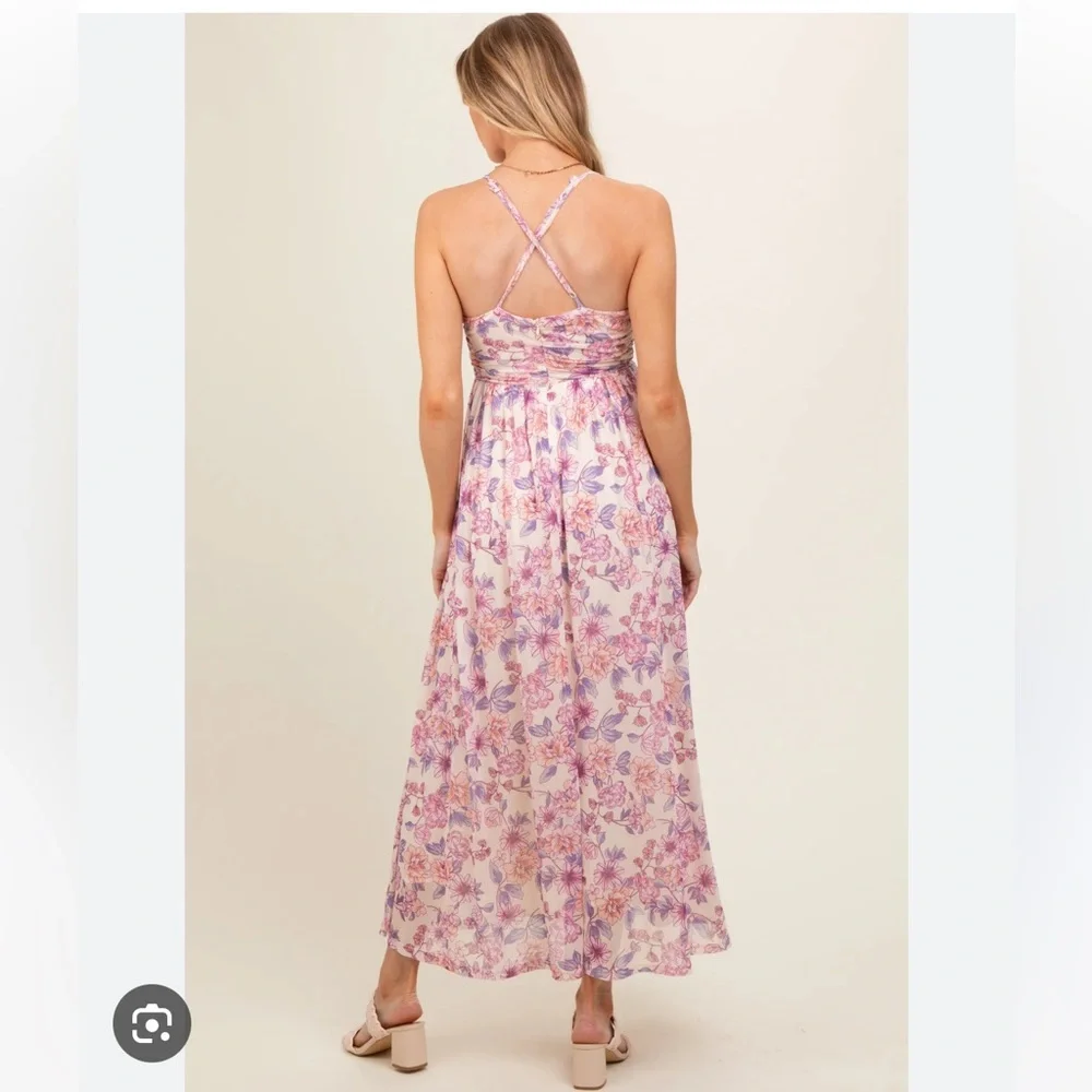Pink Floral Mesh Maternity Maxi Dress - Picture 3 of 7